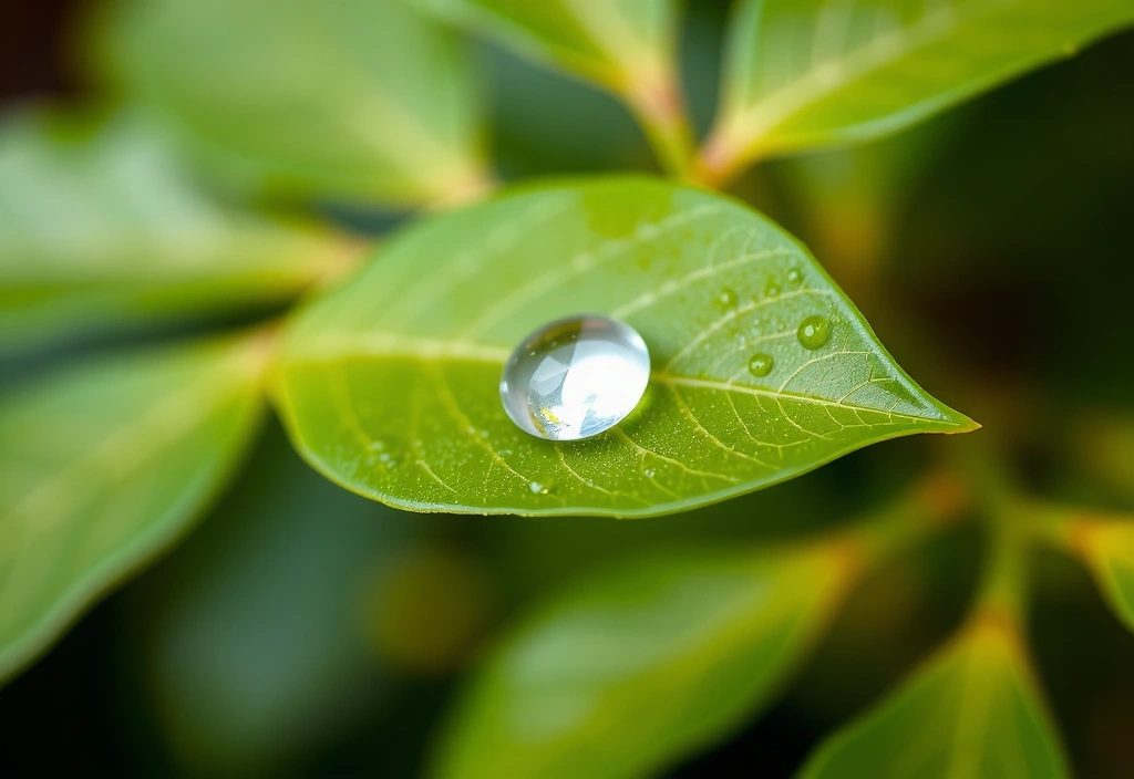 Minimalist image of a single, fresh green leaf with a dewdrop, symbolizing clarity and connection, no text.