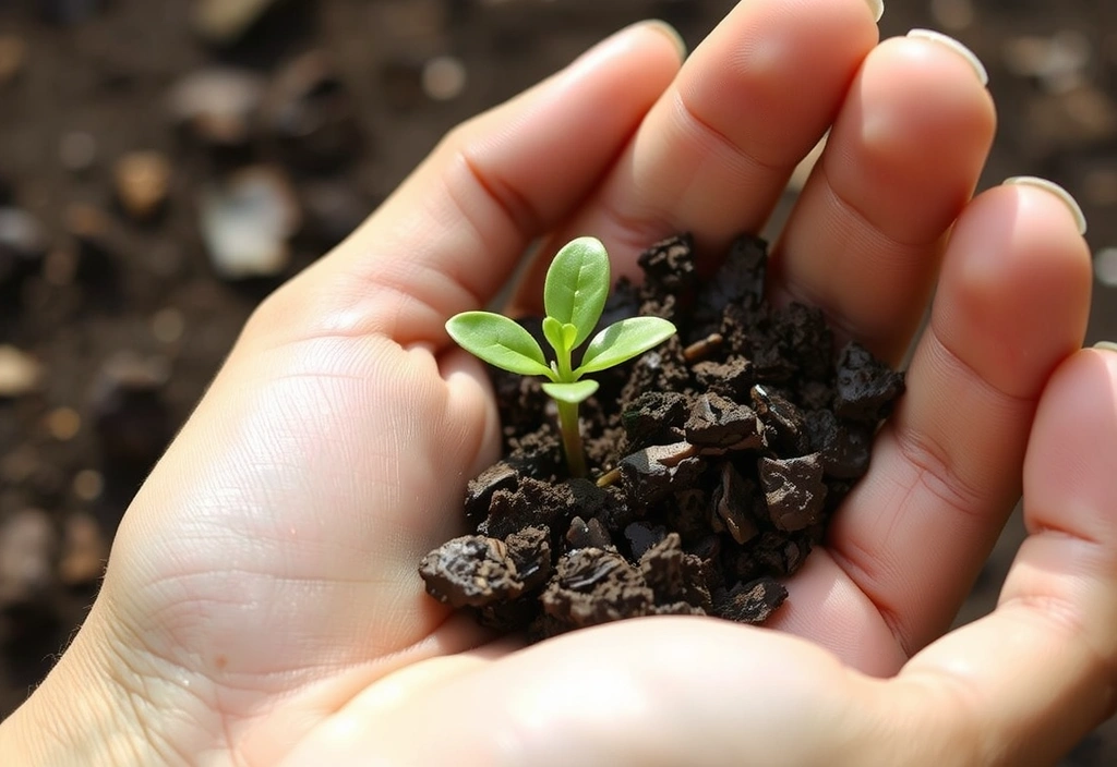 A hand gently holding a small, vibrant green plant seedling, symbolizing growth and care.