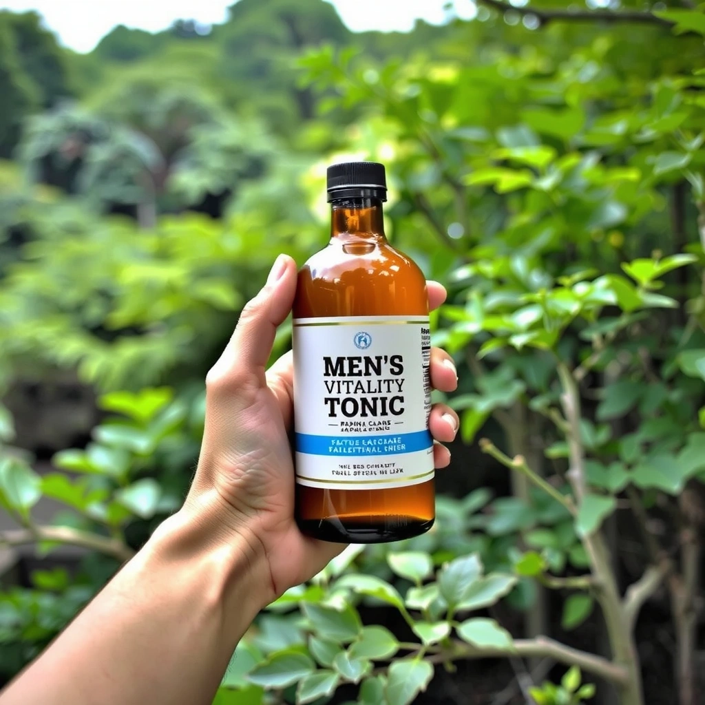 A hand holding the Men's Vitality Tonic bottle against a backdrop of a lush, vibrant green forest, emphasizing its natural origins.