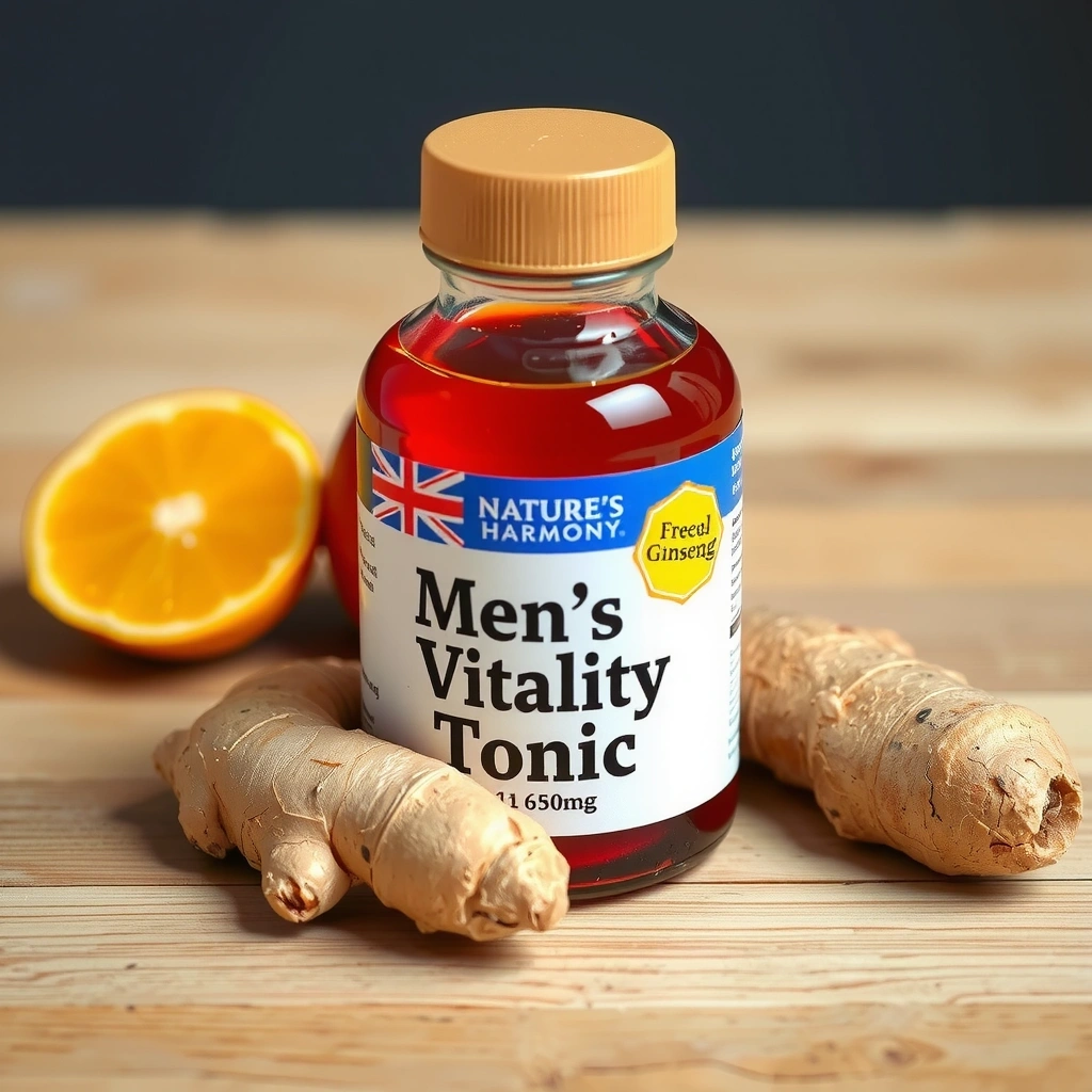 Serving suggestion: a small glass of Men's Vitality Tonic next to fresh ginger root and a few ginseng slices on a slate coaster.