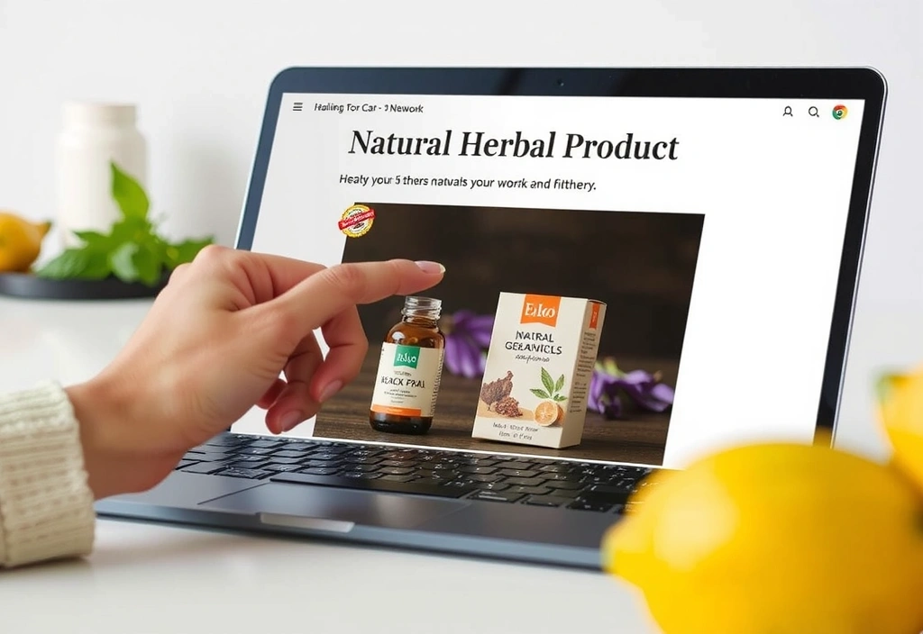 Close-up of a hand adding a natural product to a shopping cart on a laptop screen