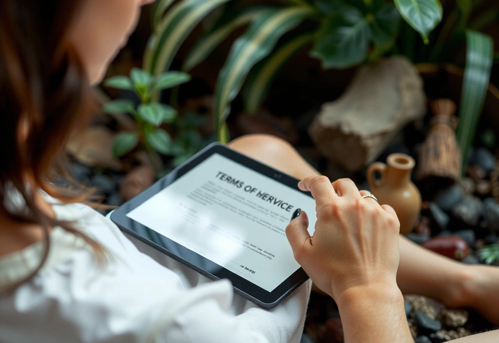 Person browsing website on a tablet, surrounded by natural elements
